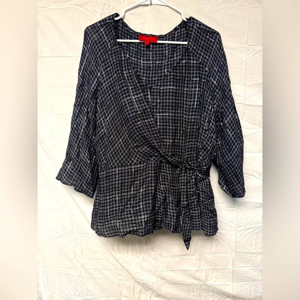 Jennifer Lopez Women's XL Gathered Front Tie 3/4 Sleeves Shirt Top Black Silver